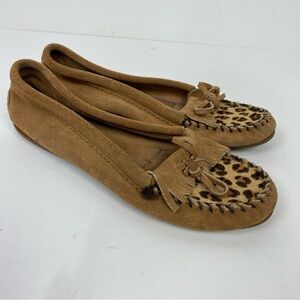 Minnetonka brown leather leopard print slip on flats